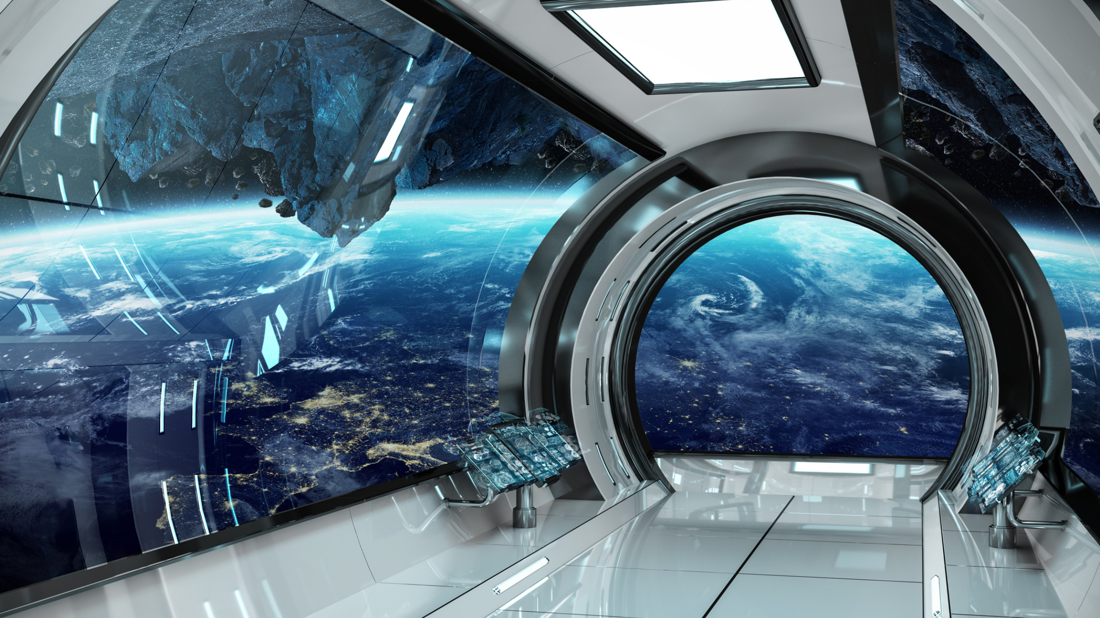 Futuristic space ship with Earth past the horizon